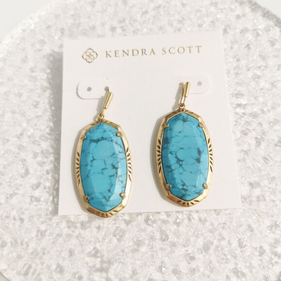 Kendra Scott | Elle - Vintage Gold Variegated Turquoise Etch Frame Earrings - Picture 2 of 4